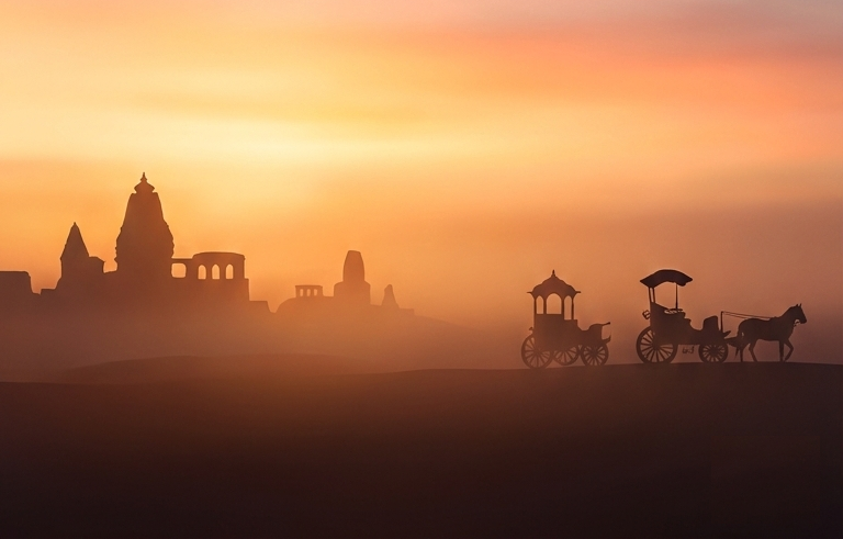 Spiritual sunrise over a battlefield inspired background representing Kurukshetra